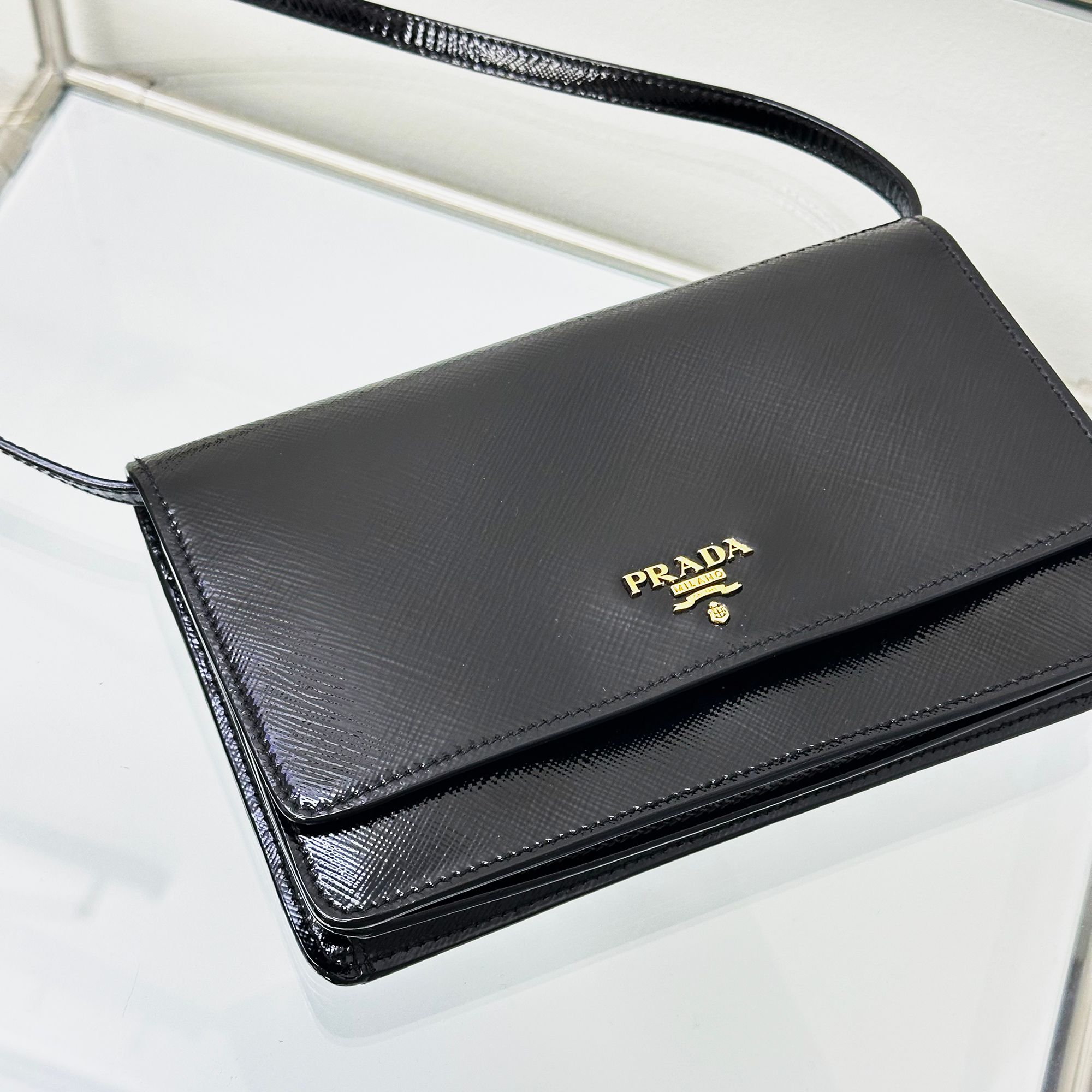 Prada Vintage Black Enamel Mini Crossbody Bag 4KPRB394
