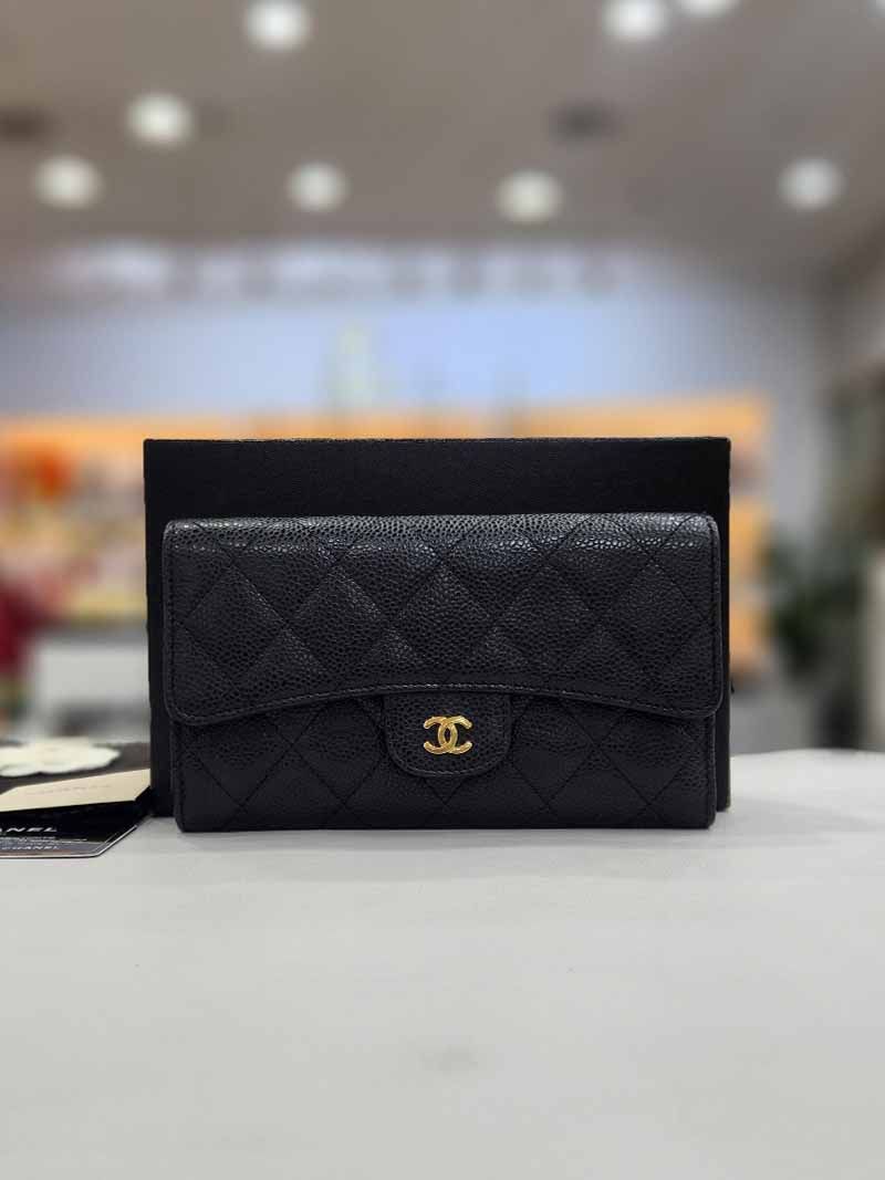 CHANEL Classic Long Wallet Caviar Black Gold A31506