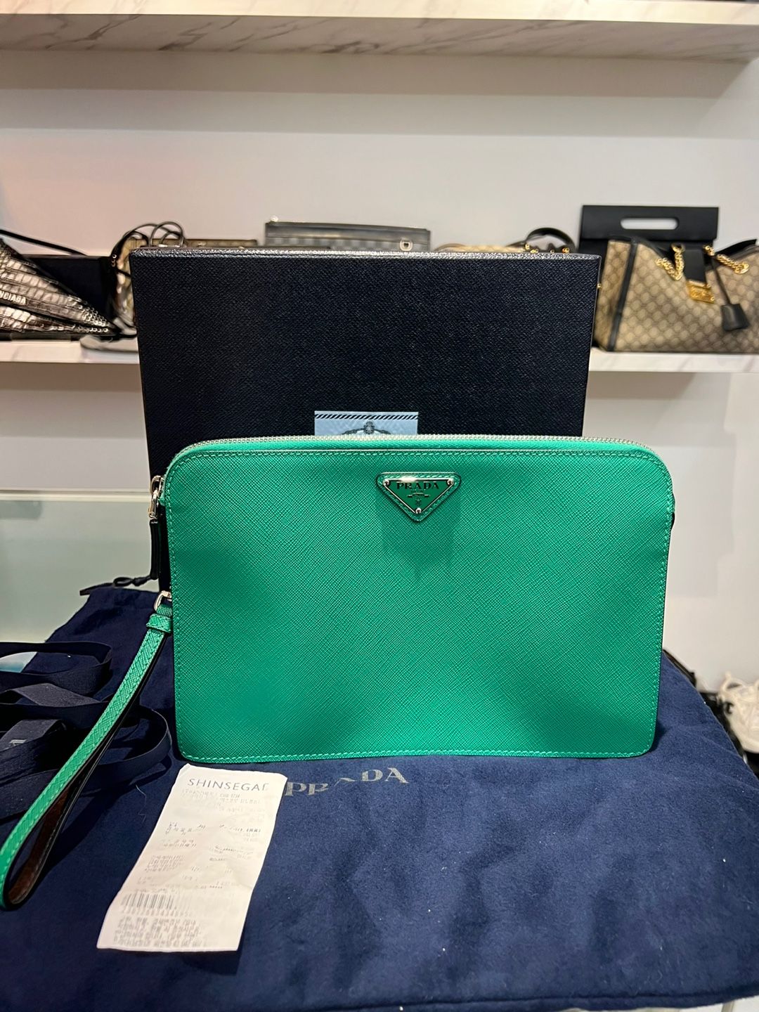 Prada Leather Strap Clutch Pouch with Triangle Logo Green 2VF056