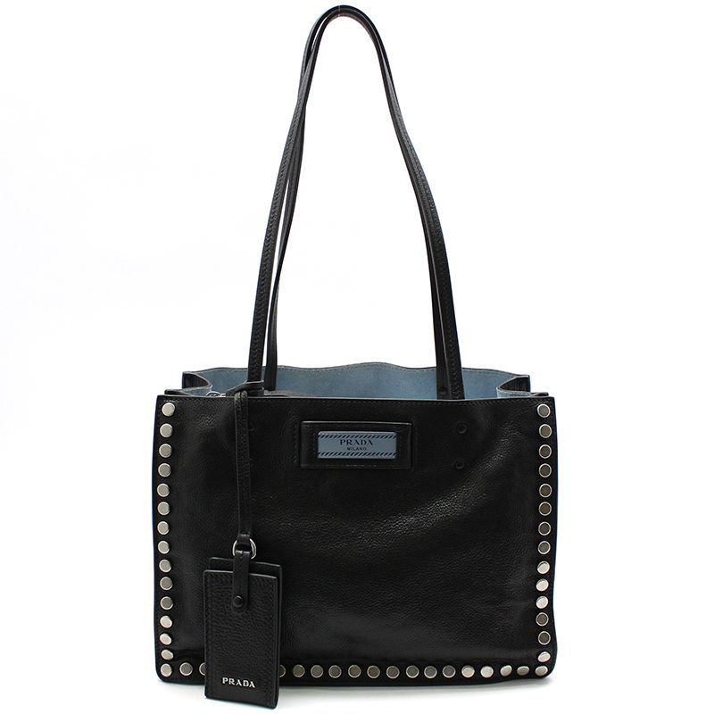 Prada Black Calf Leather Etiquette Stud Shoulder Bag 1BG121