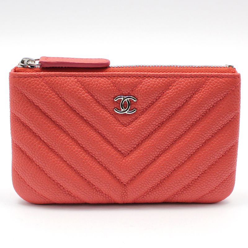 CHANEL Unused Coral Caviar Chevron Classic Pouch A82365