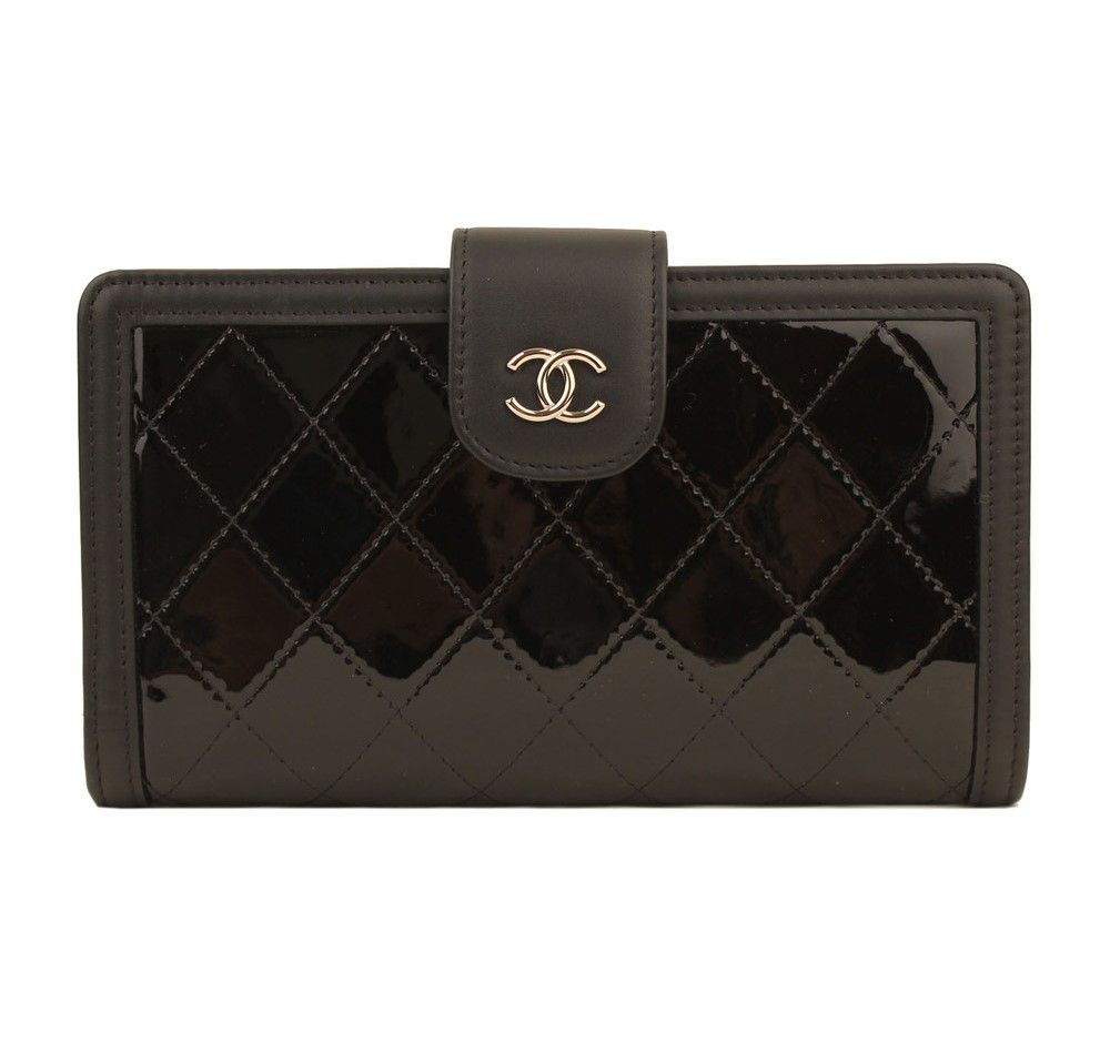 CHANEL Black Patent Quilted Stitch CC Long Wallet 20 Series