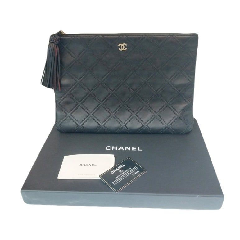 CHANEL Black Tassel COCO Logo Stitch Calfskin Large Classic Clutch DEF12345