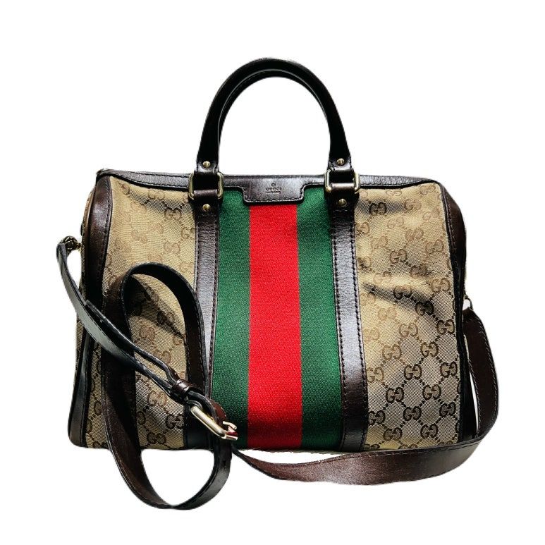 Gucci Brown Leather Trim Boston Tote Shoulder Bag 247205
