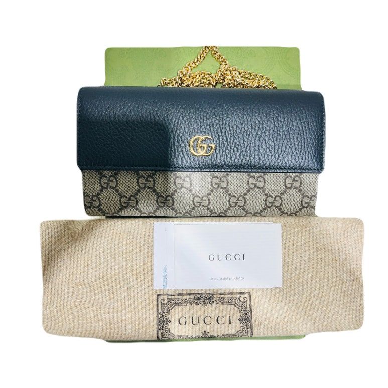 Gucci Black Beige Long Wallet Crossbody Bag 546585 GG Monogram Chain ()