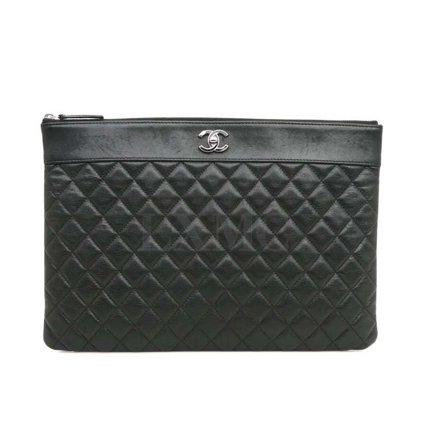 CHANEL Classic Black CC Silver Mademoiselle Clutch Zipper Pouch AP0565