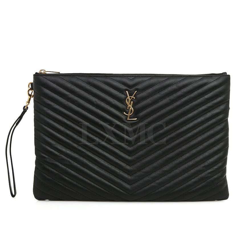 Saint Laurent Chevron Quilting Monogram Clutch Black Pouch 440222