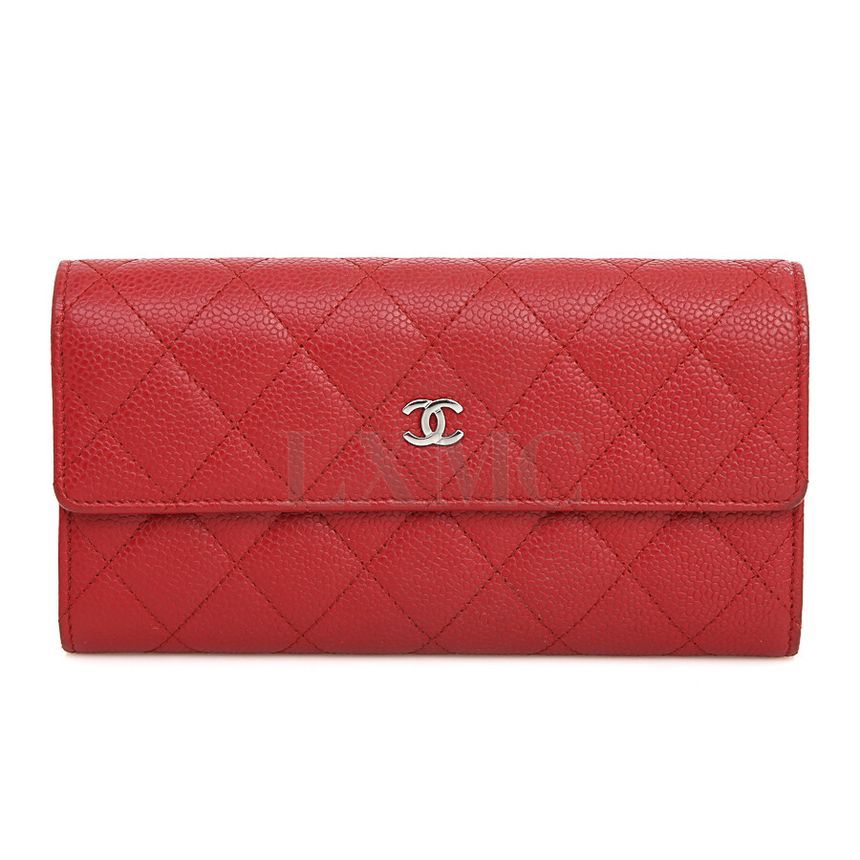 CHANEL Classic Caviar Flap Wallet Red CC Logo Long Wallet A50096