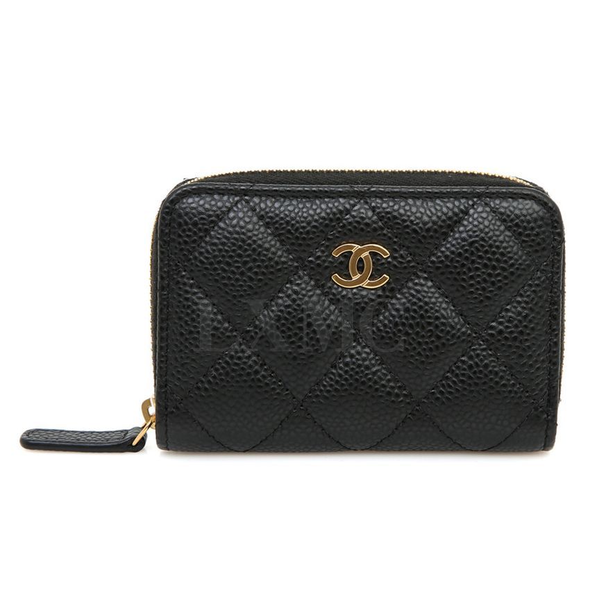 CHANEL Caviar Card Wallet with Zipper Coin Purse Black AP0216