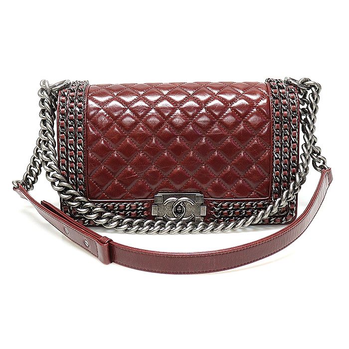 CHANEL Burgundy Calfskin Chain Around Boy Medium Flap Shoulder Bag (Size 23) - A67086