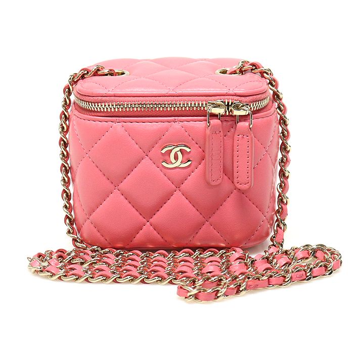 CHANEL Pink Lambskin Gold Chain Vanity Cosmetic Mini Classic Box Chain Crossbody Bag (Size 30) AP1340
