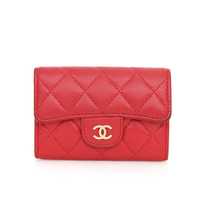 CHANEL Caviar Card Wallet Red Flap Mini Wallet - SKU