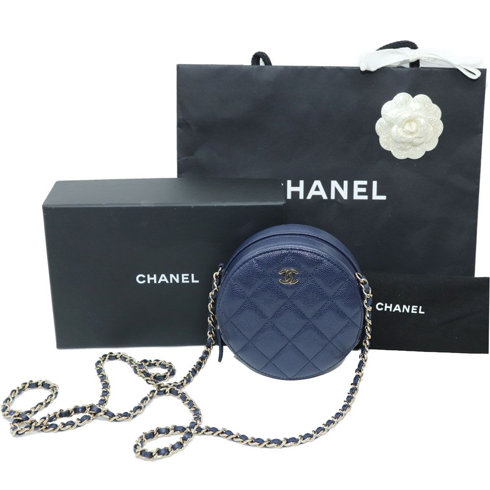 CHANEL Navy Mini Tambourine Bag with Gold Chain Crossbody 29 Caviale