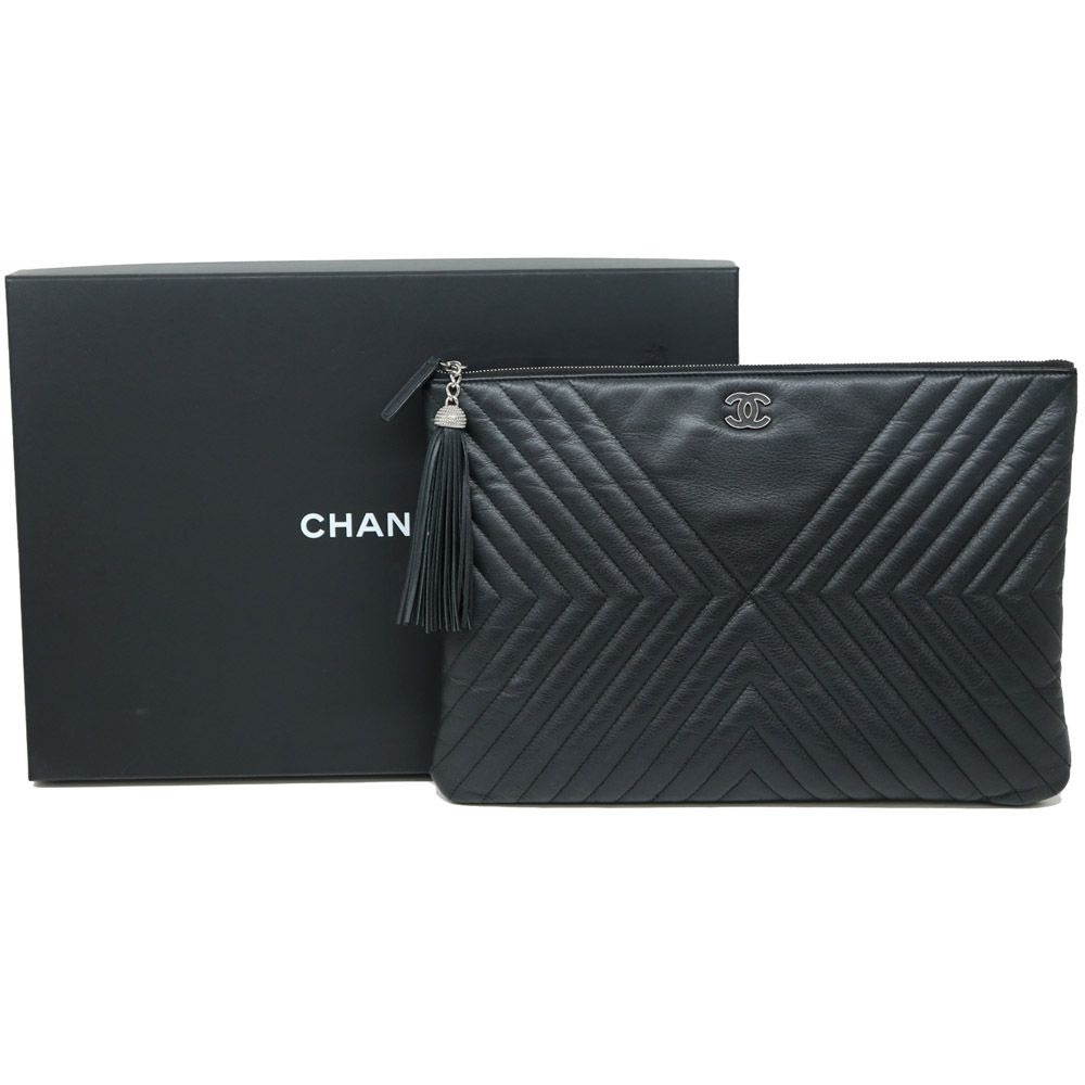 CHANEL Chevron Tassel Large Black Lambskin Clutch 25th - SKU 100