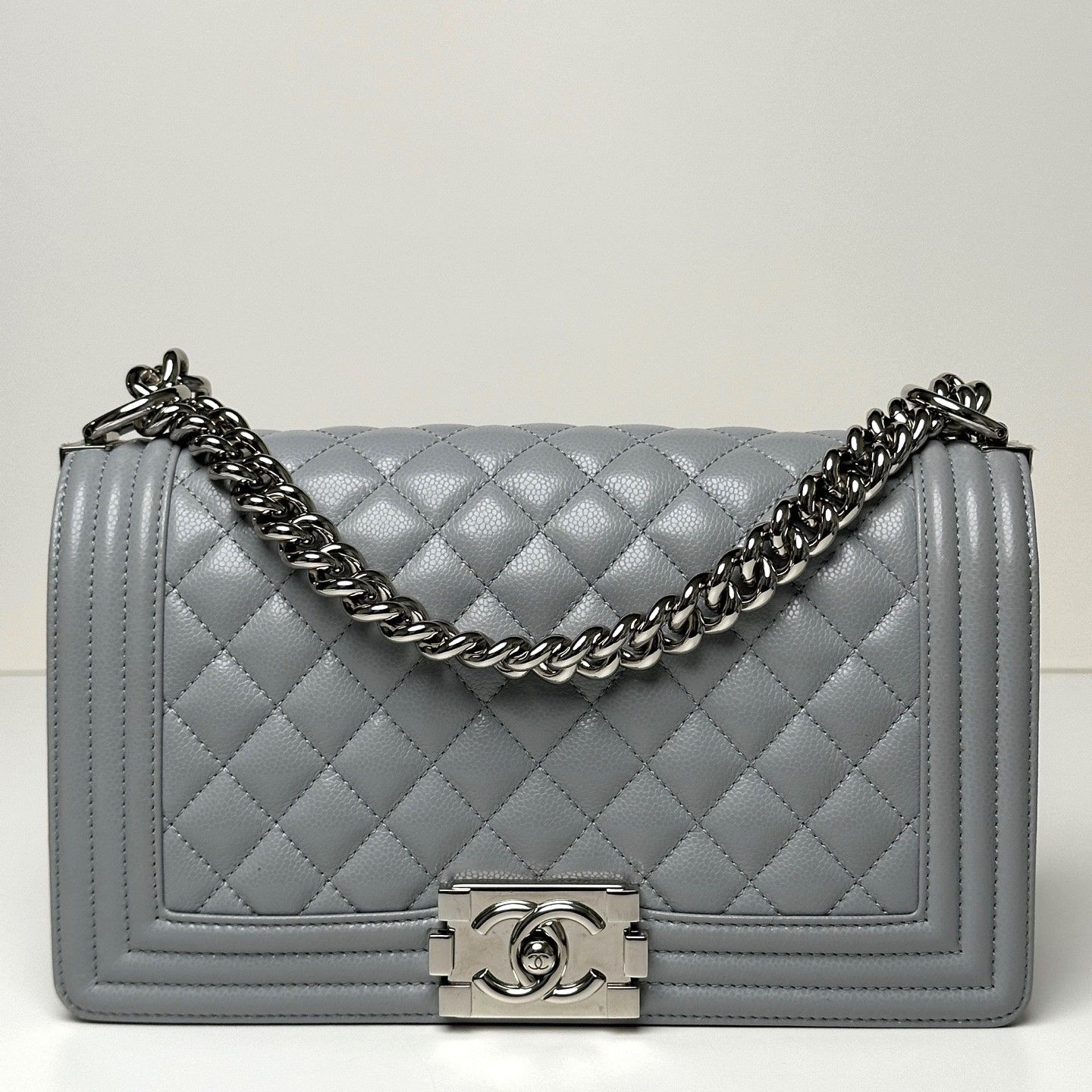 CHANEL Flap Medium Gray Caviar Gloss Vintage Chain Shoulder Bag - SKU