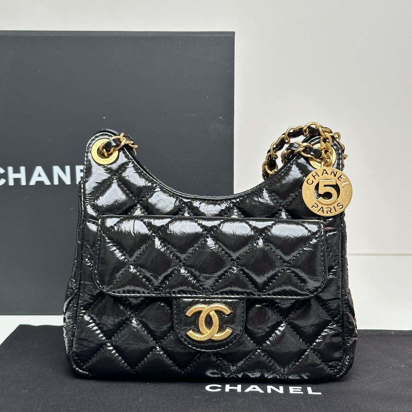 CHANEL Shiny Black Small Hobo Bag with Electronic Chip AS3710