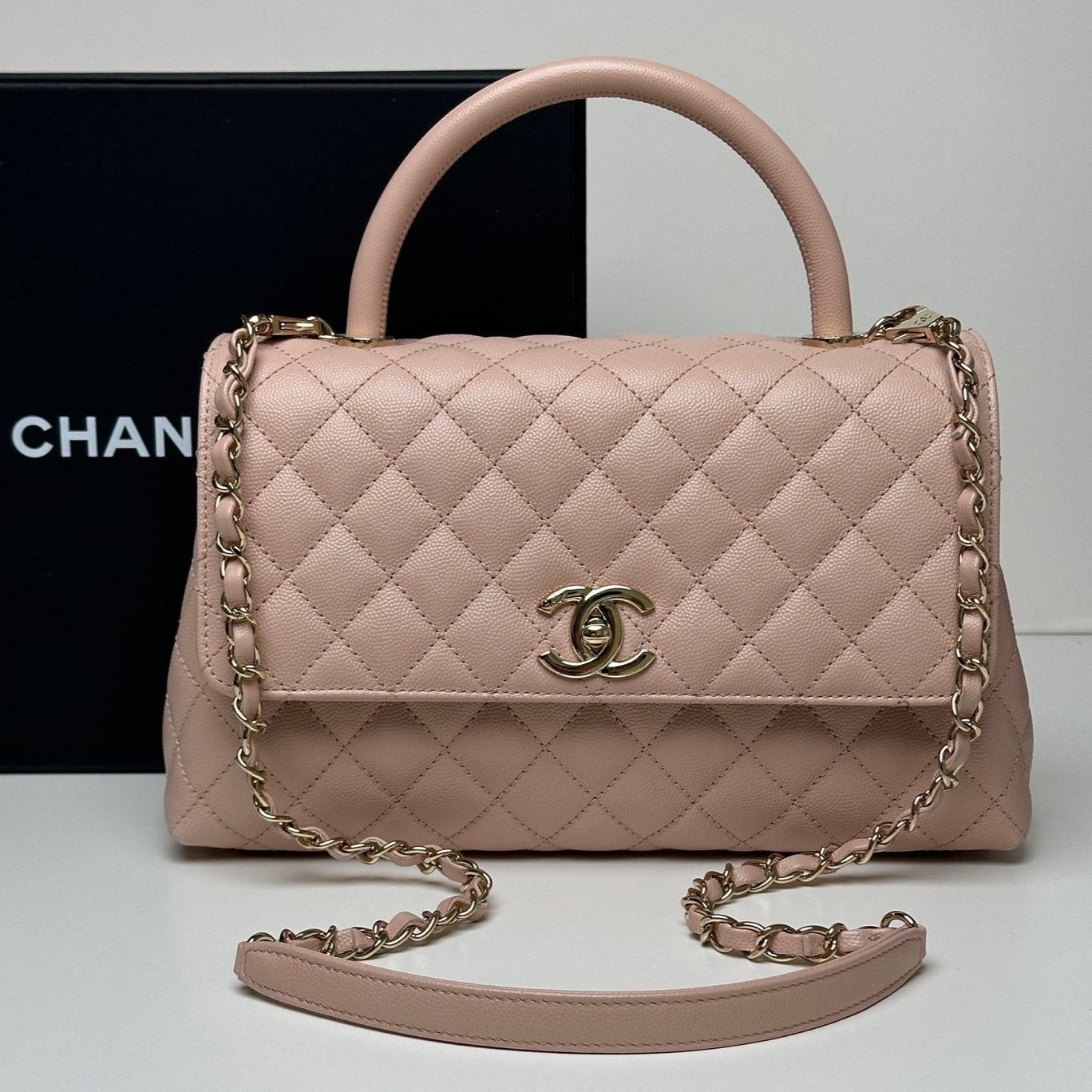 CHANEL Caviar Light Pink Gold Large Tote Crossbody Bag with Top Handle A92992