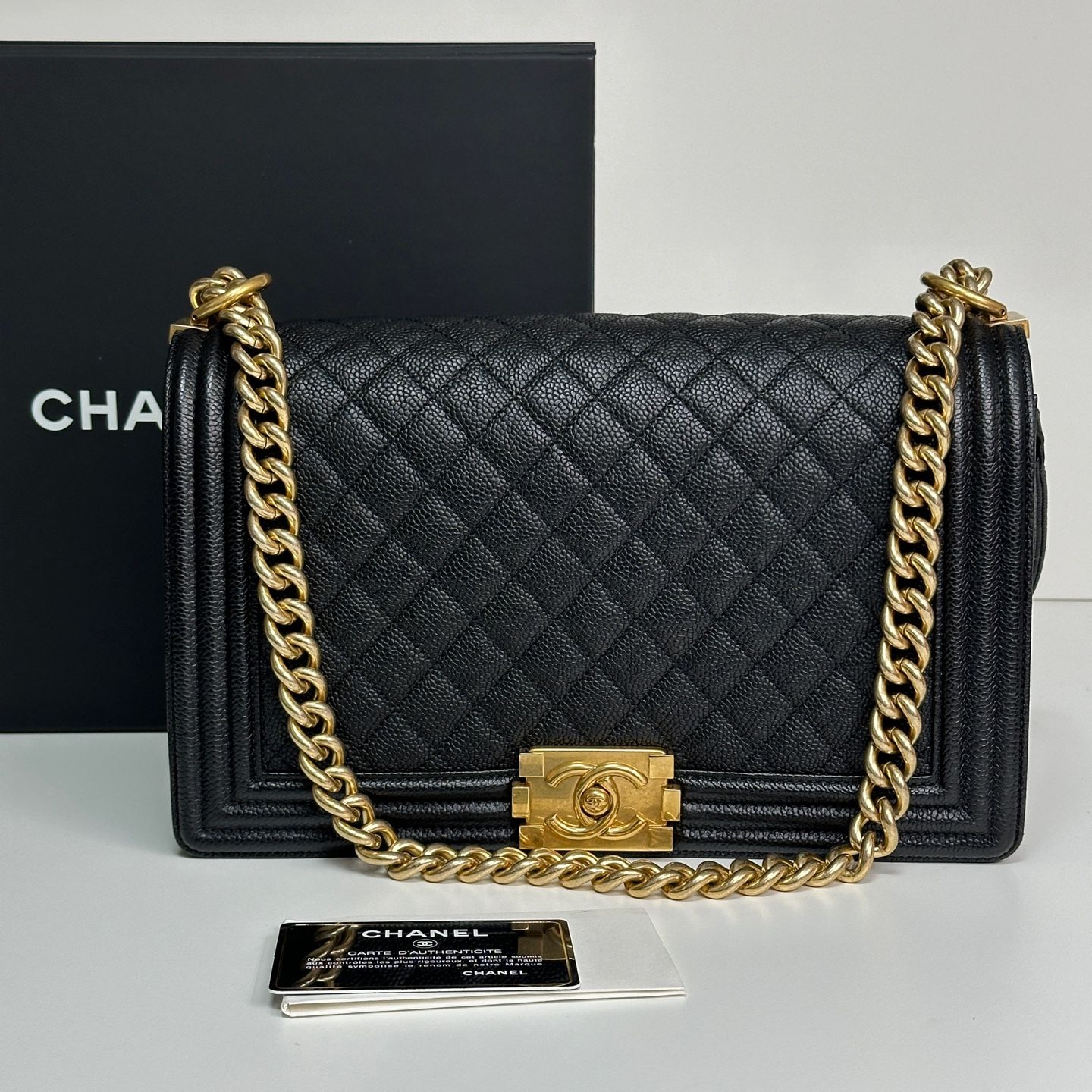 CHANEL Large Flap Bag Black Caviar Gold Chain Shoulder Bag A92193