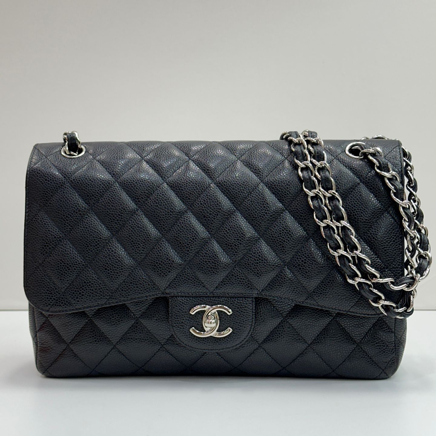 CHANEL Classic Flap Bag Large Black Caviar Silver A58600