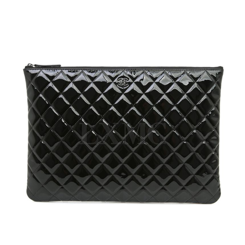 CHANEL Classic Patent Clutch Black Petten Zipper Pouch SKU