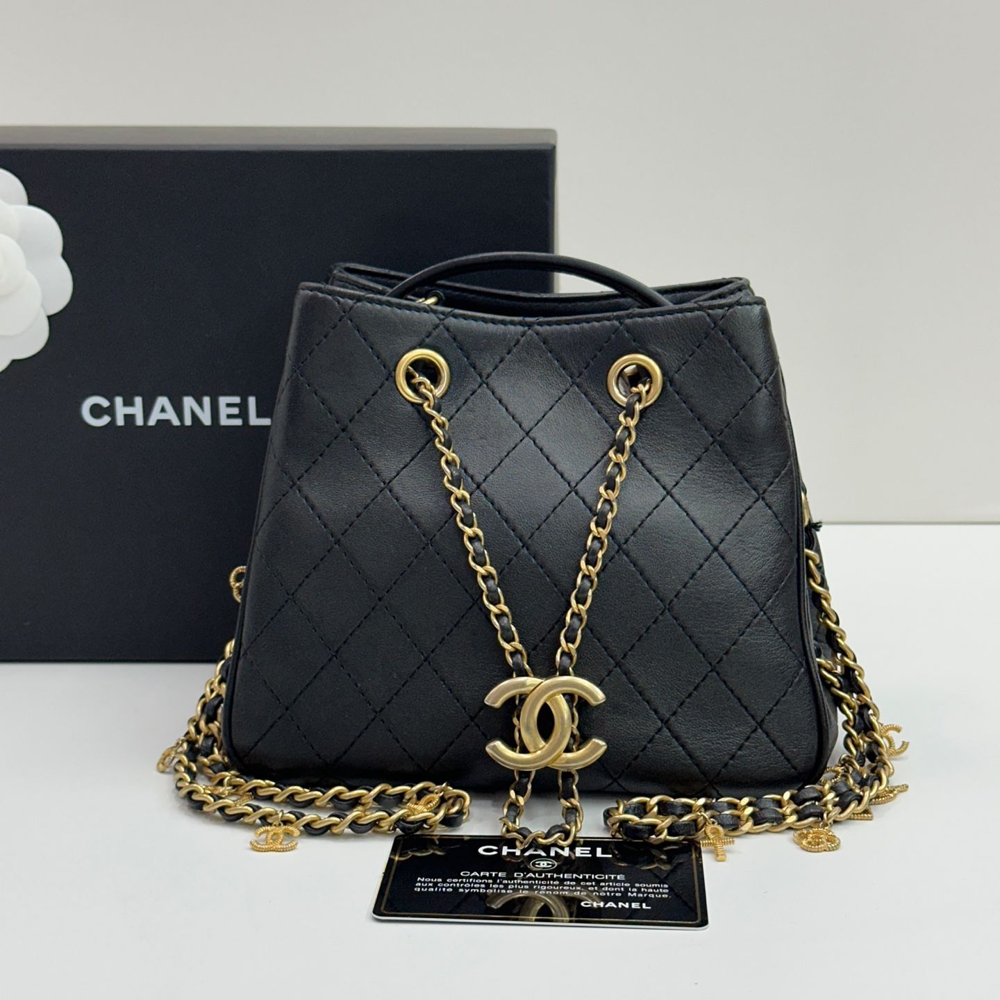 CHANEL Black Calfskin Drawstring Bucket Bag AS0829