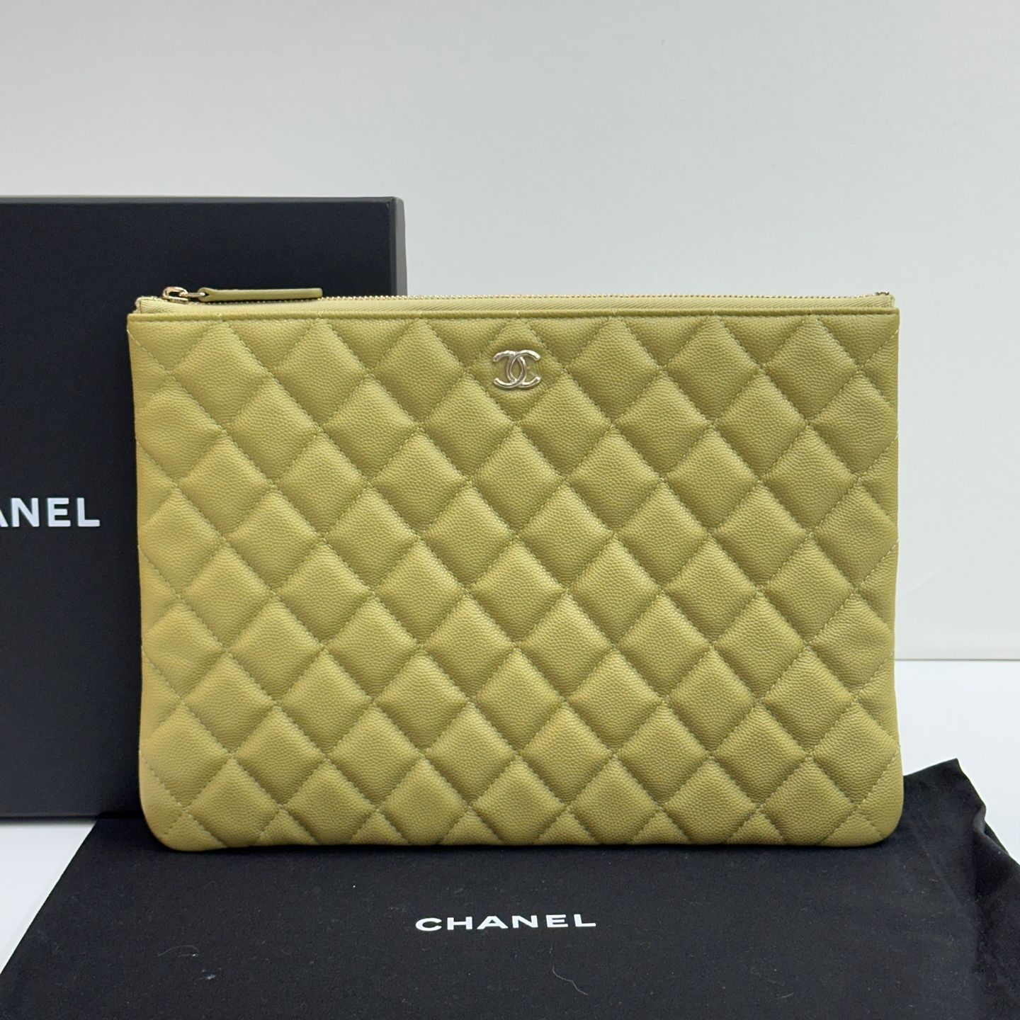 CHANEL Classic Olive Clutch Medium Caviar Gold A82545
