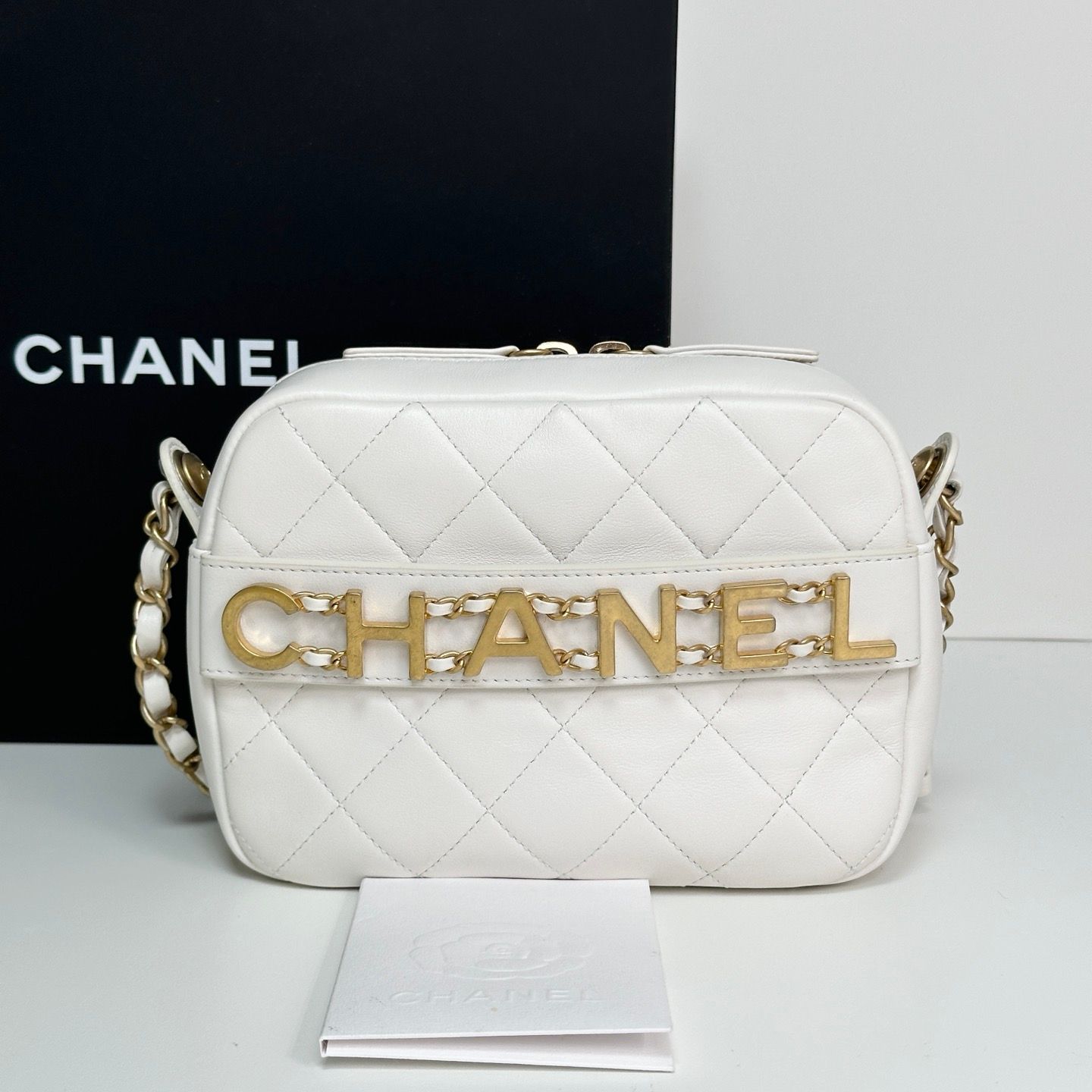CHANEL Season Camera Bag White Calfskin Gold AS1609