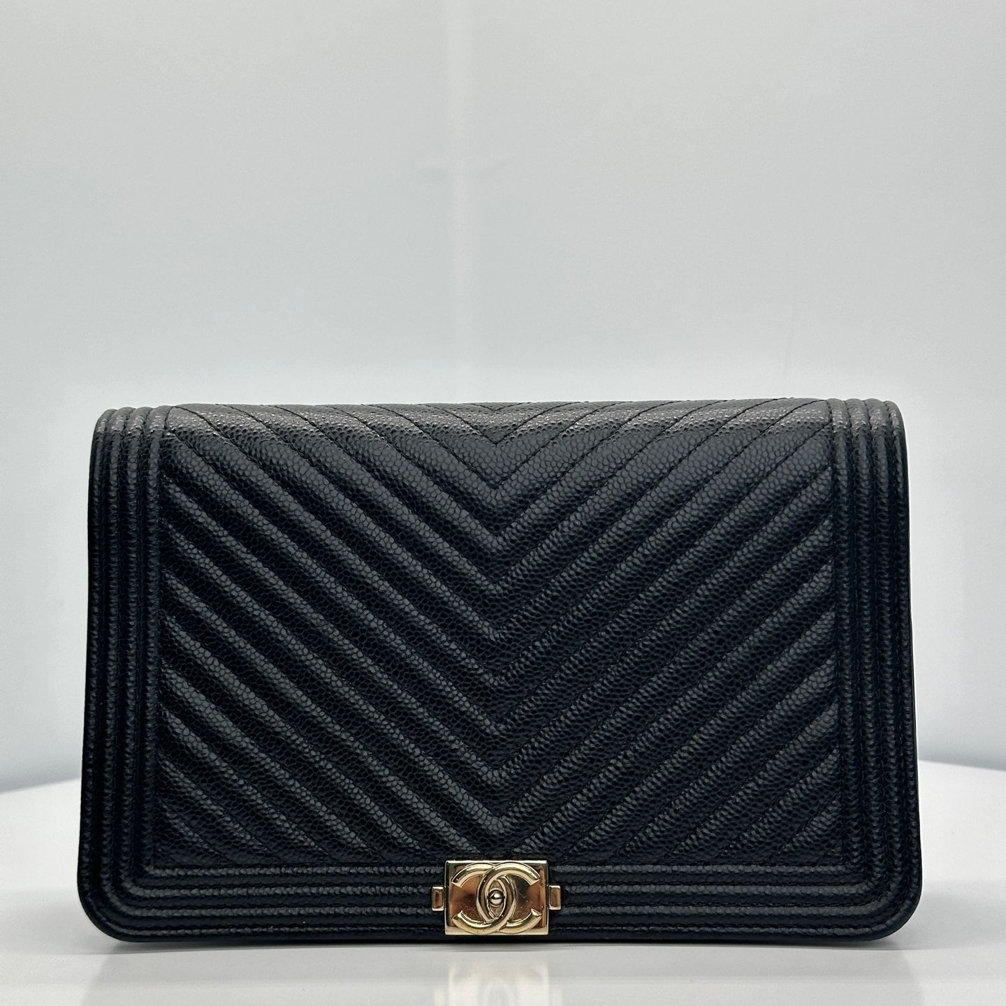 CHANEL Chevron Boy WOC Black Champagne Gold with Inlay Chips - SKU123