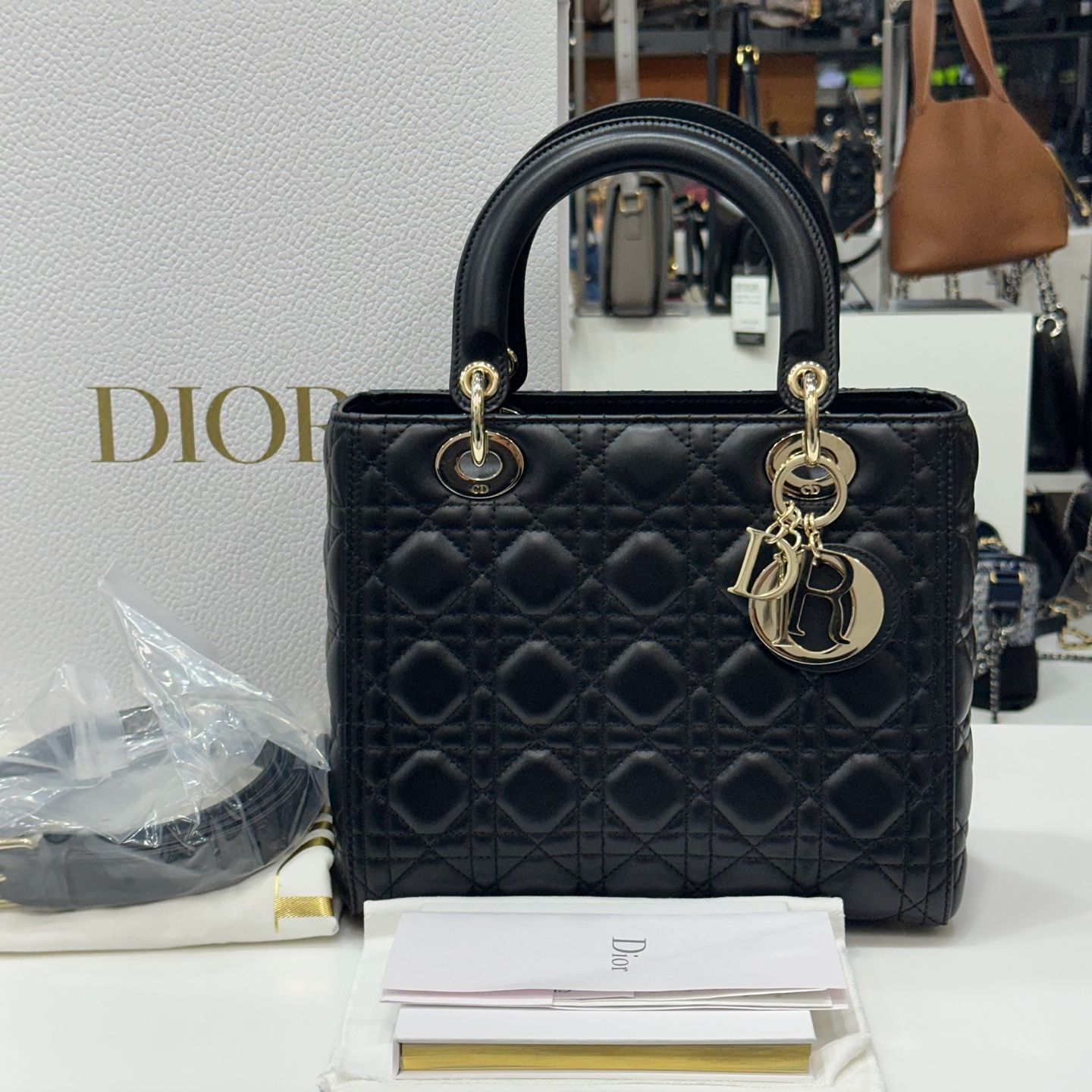 Dior Lady Medium Black Shoulder Bag with Gold Trim M0565