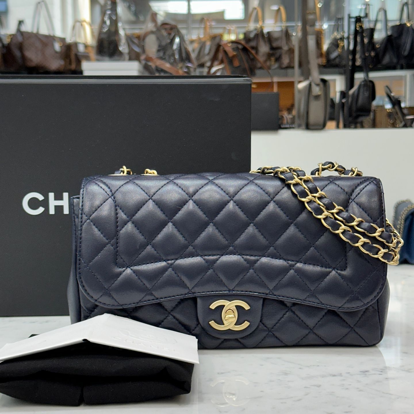 CHANEL Navy Lambskin Flap Chain Shoulder Crossbody Bag A93937 SKU
