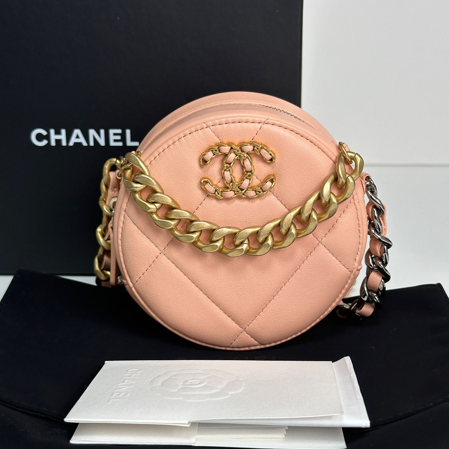 CHANEL Chain Clutch Tambourine Mini Bag Pink AP0945