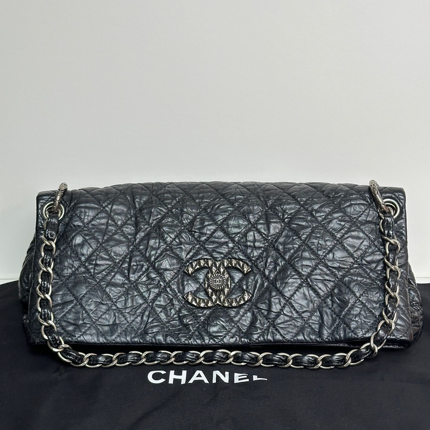 CHANEL Vintage Black Classic Calfskin Foldover Shoulder Bag - SKU 12345