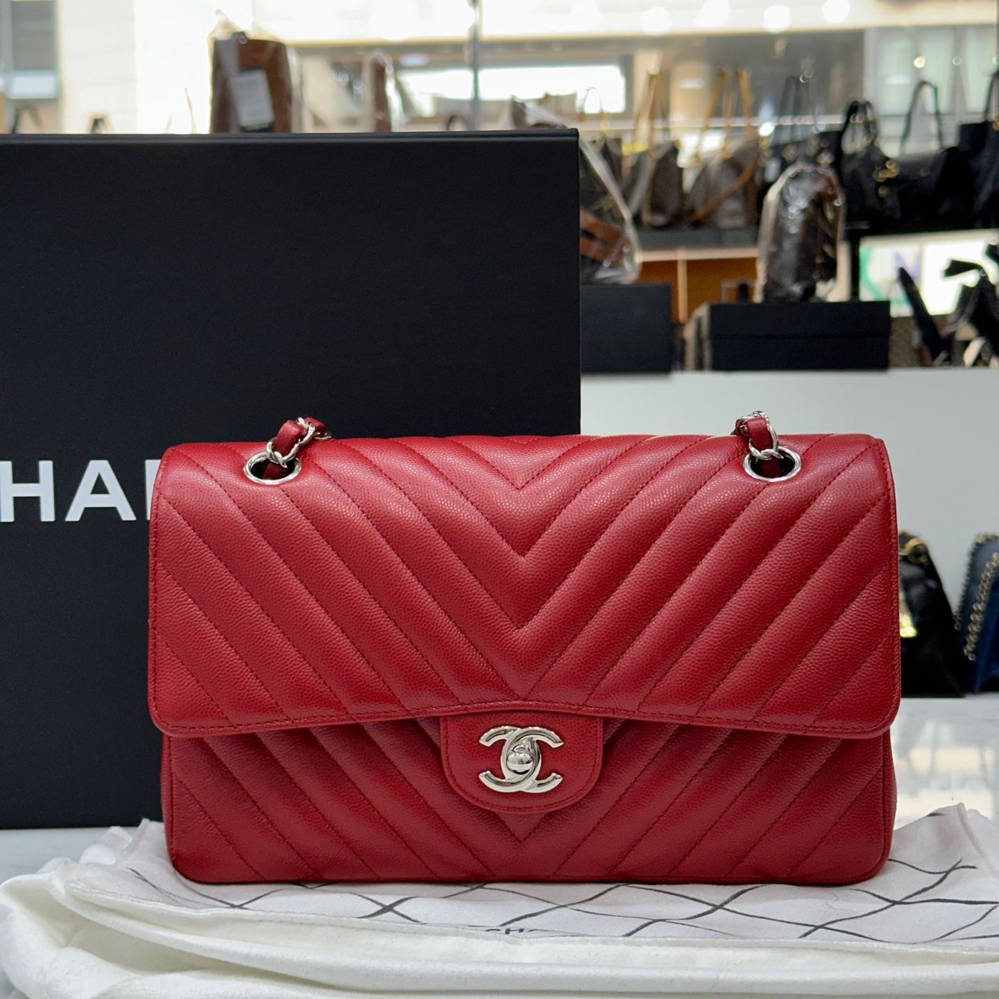 CHANEL Classic Medium Chevron Red Caviar Shoulder Bag A01112 Size 22