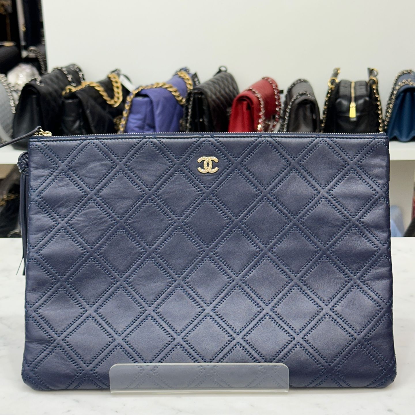 CHANEL Navy Tassel Clutch with Gold Detail Large - SKU A