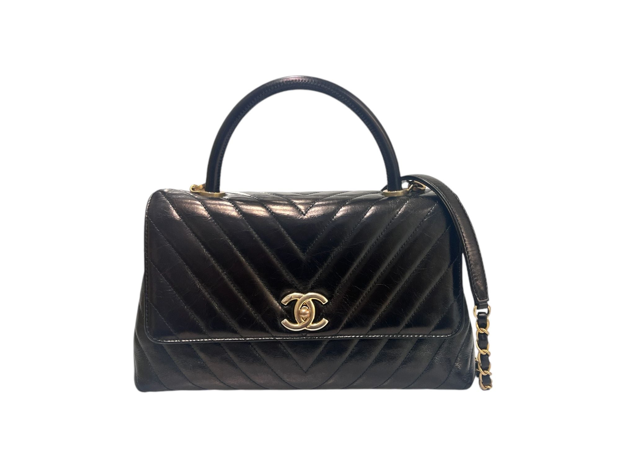 CHANEL Chevron Glazed Vintage Calfskin Coco Handle Medium - SKU 25