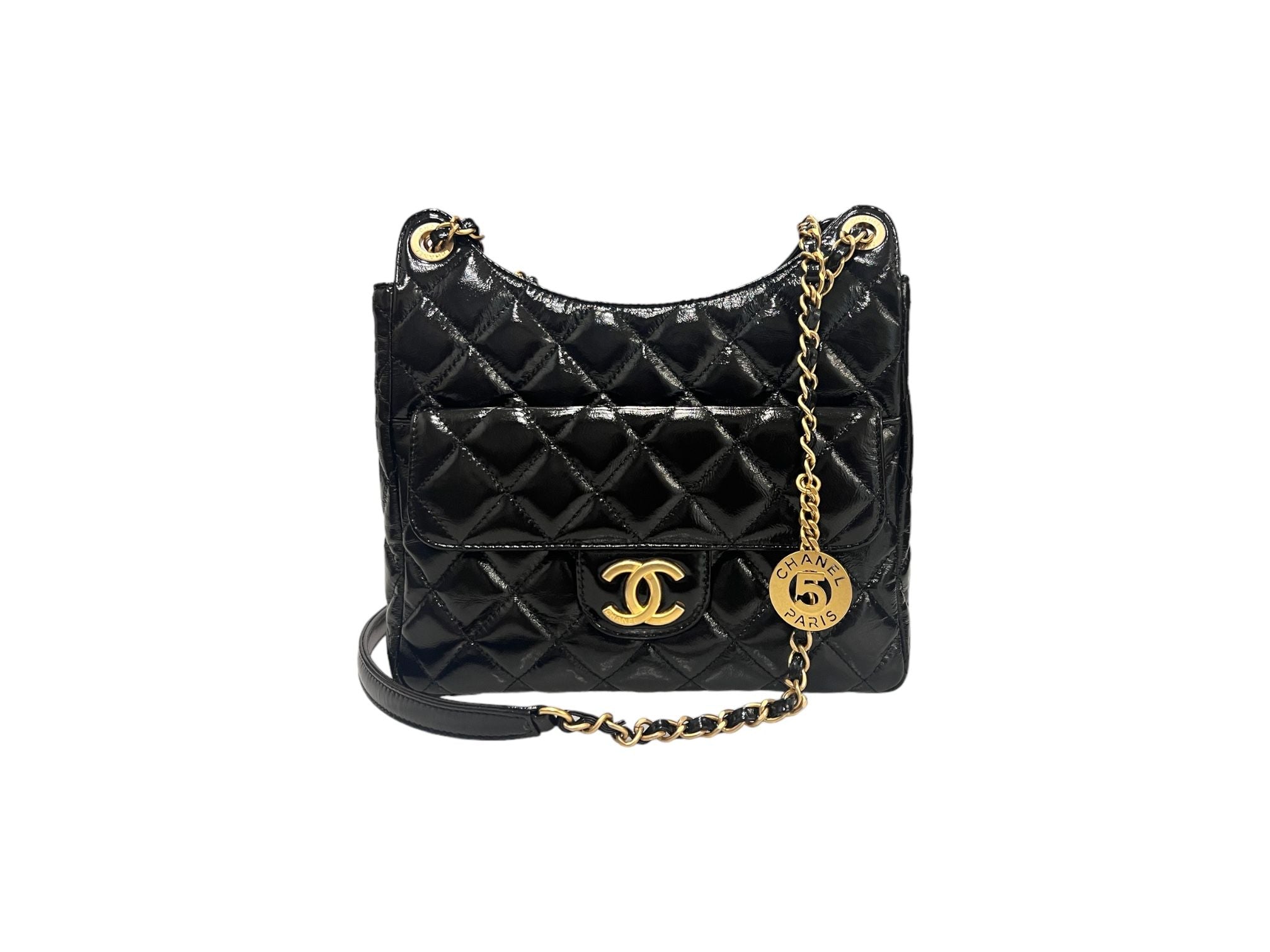 CHANEL 23C Pocket Chain Hobo Bag Shiny Crumpled Medium Black AS3690