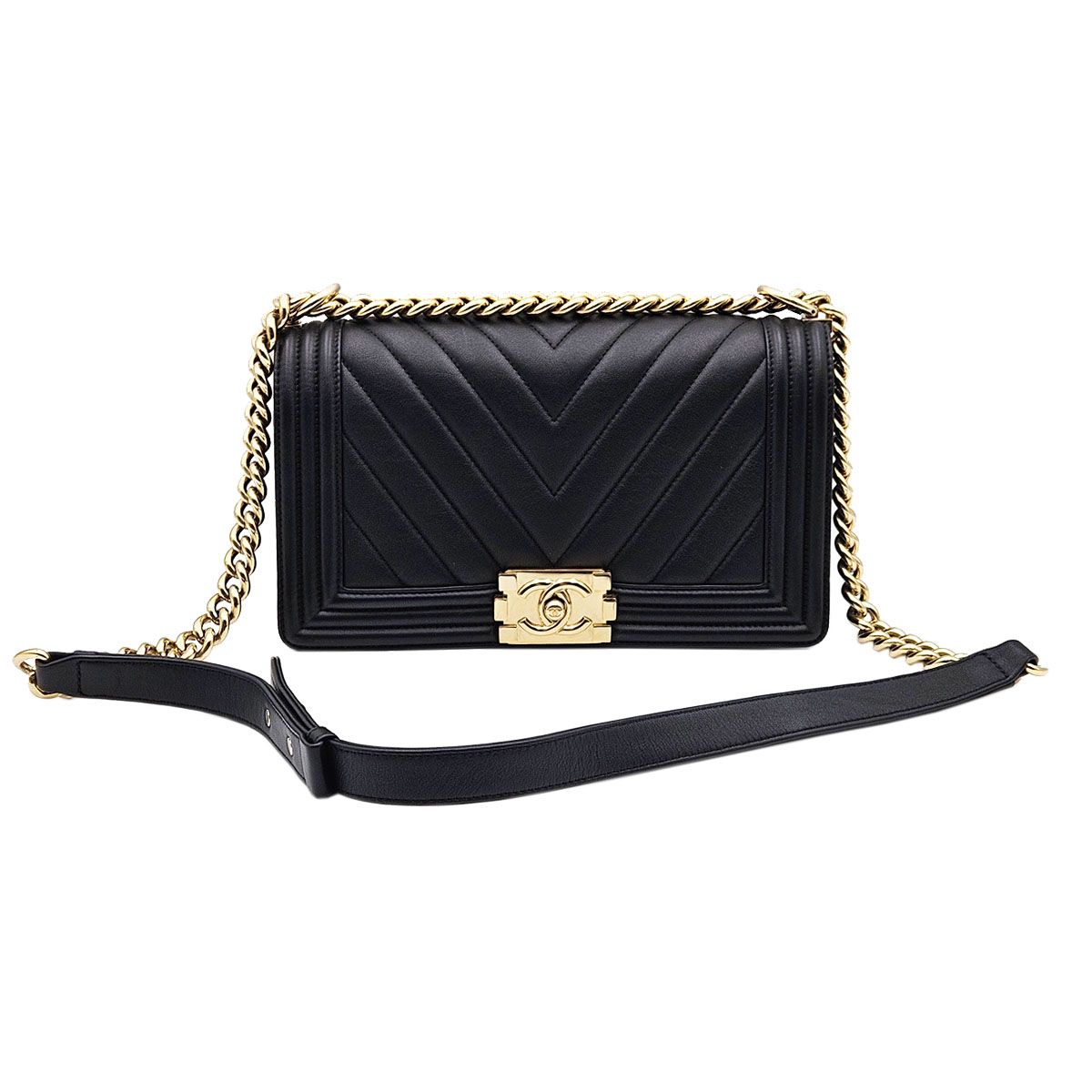 CHANEL Black Calfskin Gold Accent Boy Medium Flap Shoulder Bag (Size 23) A67086