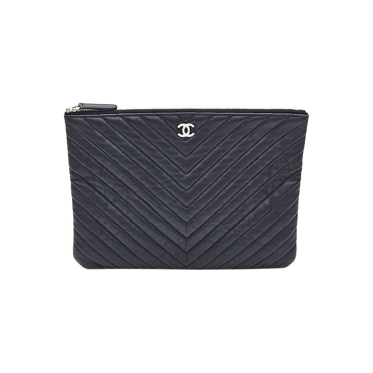 CHANEL Black Leather Studded Chevron Clutch Pouch A81222