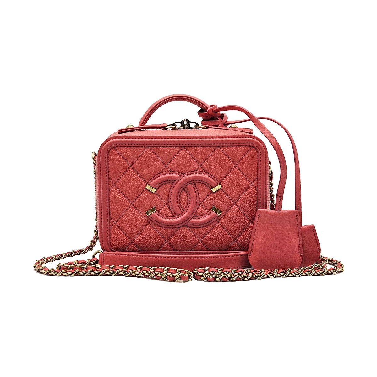 CHANEL Coral Pink Caviar Cosmetic Small Top Handle Vanity Case 2WAY (Size 24) A93342