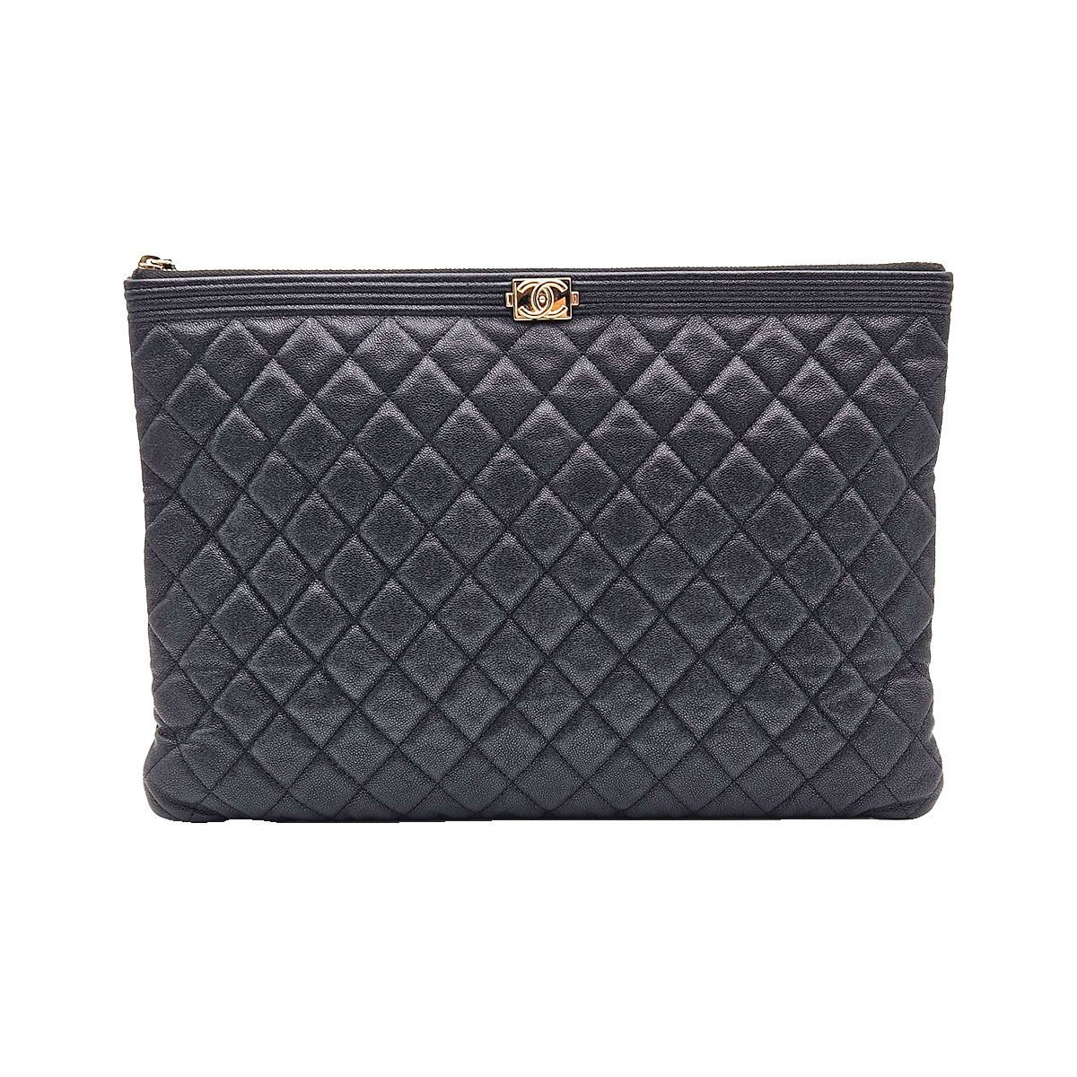 CHANEL Black Caviar Champagne Gold Metal Boy Large Clutch (Size 29) - A84407