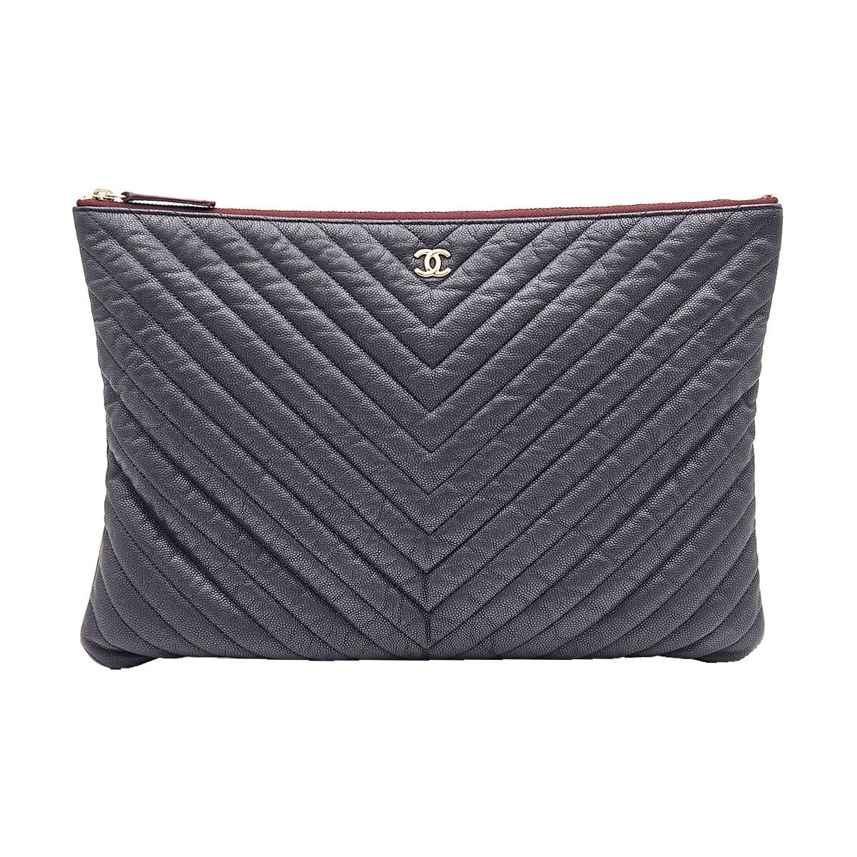 CHANEL Classic Black Caviar Chevron Gold CC Logo Large Pouch Clutch (Model A82552)