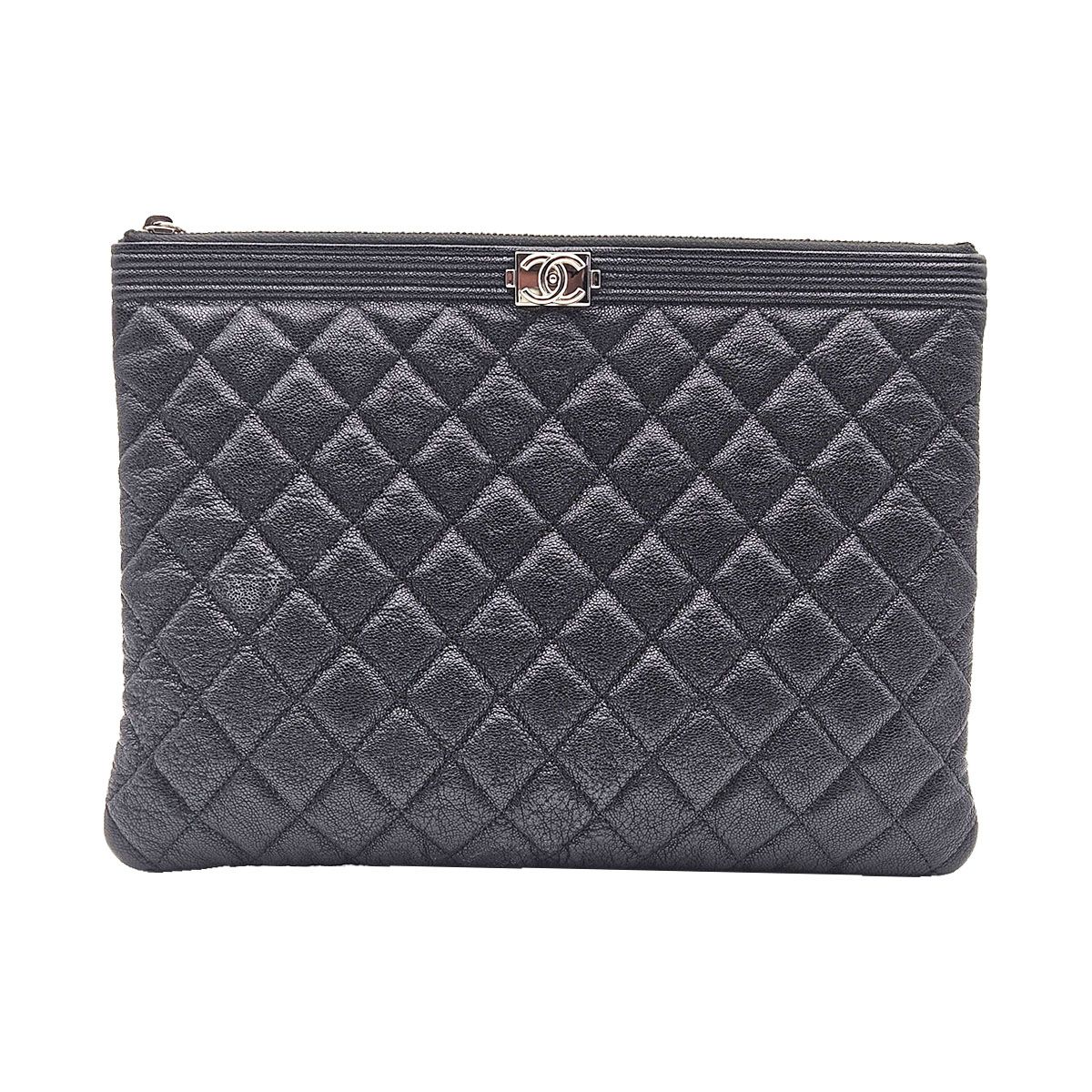 CHANEL Black Grained Calfskin Boy Neudium Clutch (Size 28) A84406