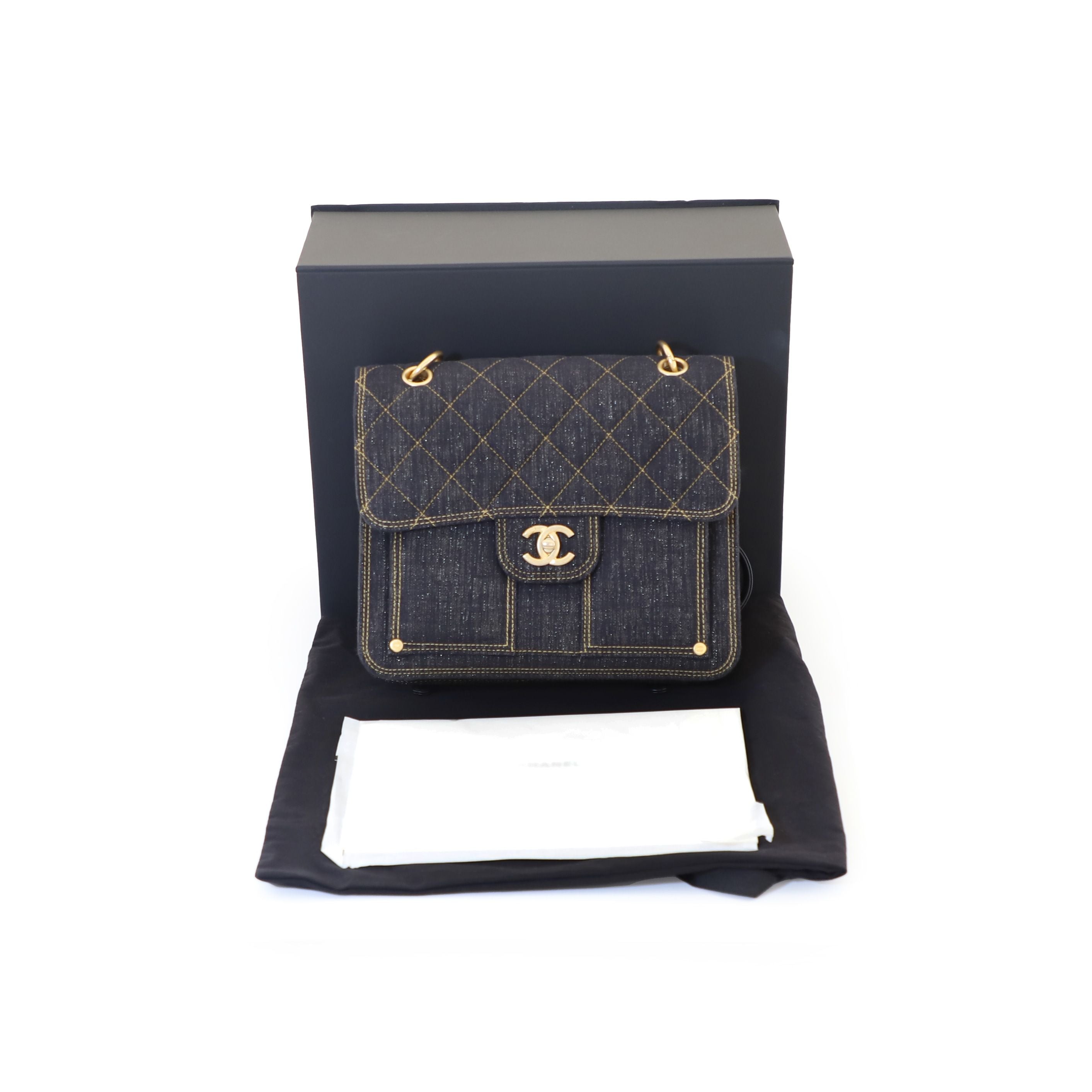 CHANEL Dark Blue Denim Square Backpack AS4031