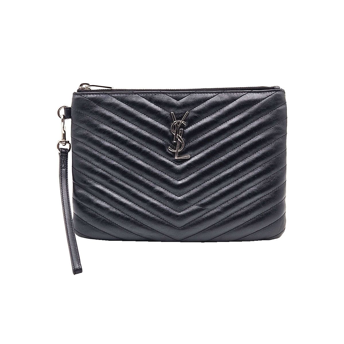 Saint Laurent Matelasse Monogram Strap Pouch Clutch Bag 379039 Black