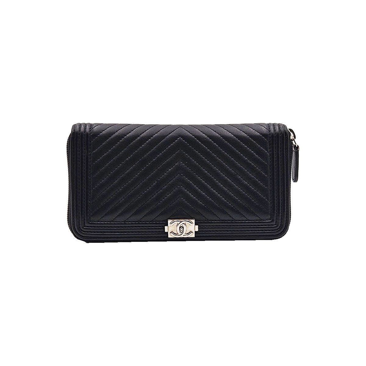 CHANEL Chevron Boy Zip Wallet in Lambskin (Size 22)
