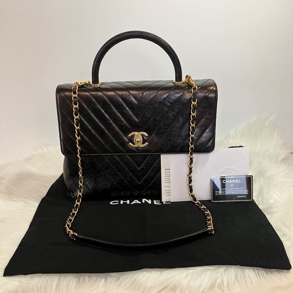 CHANEL Chevron Calfskin Coco Handle Large 2WAY Bag (Size 24) A92992