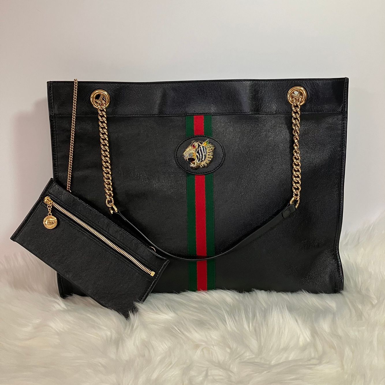 Gucci Tiger Head Triple Line Large Shopper Bag in Black Calfskin 537219
