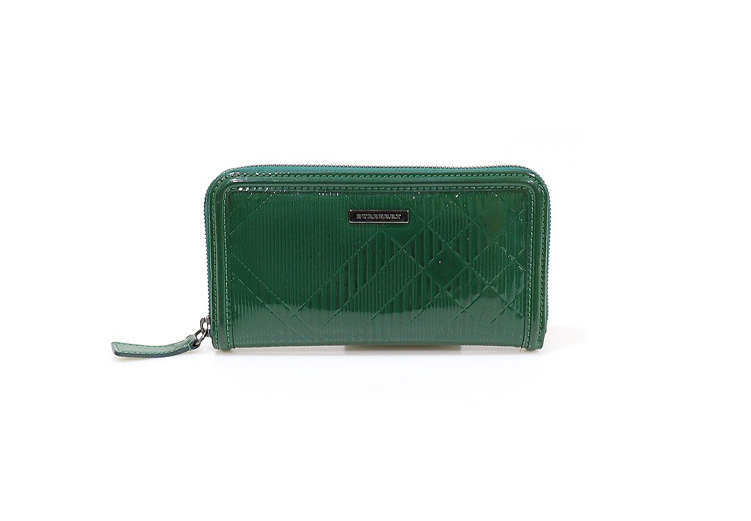 Burberry Green Peony Embossed Check Straw Round Zip Wallet - SKU DS49798BU