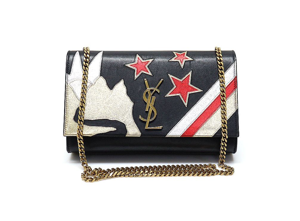 Saint Laurent Black Calfskin Gold Chain Rockstar Patchwork Kate Small Shoulder Bag (364051)