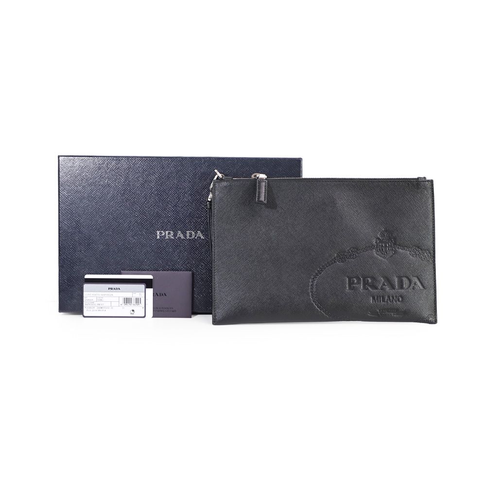 Prada Black Saffiano Leather Embossed Logo Strap Clutch 2NH005 2MB8